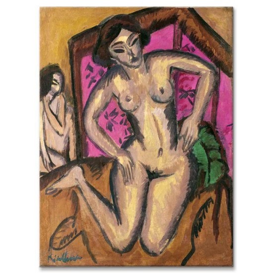 Ernst Ludwig Kirchner - Kneeling Nude in front of Red Screen, 1911