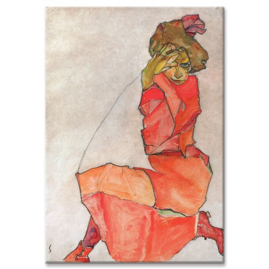 אישה כורעת בשמלה כתומה-אדומה -  אגון שילה